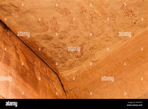 Ancient Native American pictographs of stylized hand prints in the Devil's Lane area of the ...