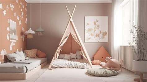 Premium AI Image | A child's bedroom with a teepee tent and a pink pillow.