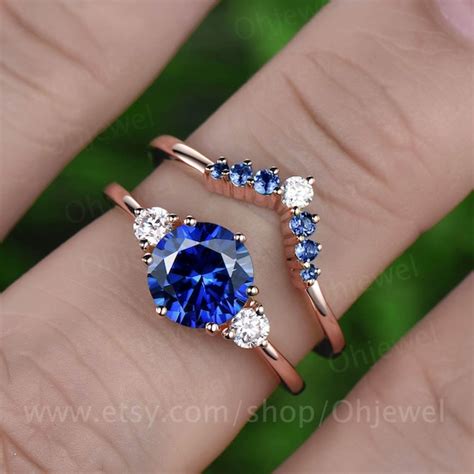 Vintage Unique Blue Sapphire Engagement Ring Set 14k Rose Gold - Etsy