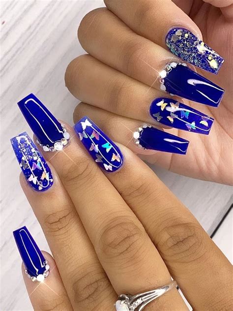 Royal Blue Acrylic Nails Coffin / Short acrylic nails, royal blue with sparkle accent.