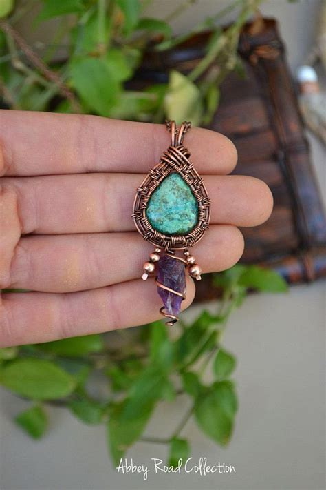 Chrysocolla and Amethyst Crystal Wire Wrapped Pendant. Raw Gemstone ...