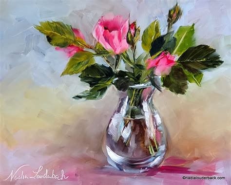 roses pink bouquet oil painting flower glass vase