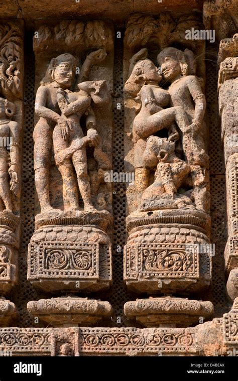 Erotic sculptures adorn the façade of the Sun Temple at Konark, near ...