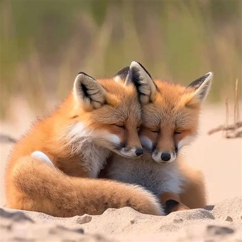 Premium AI Image | Two foxes cuddle together on a beach.