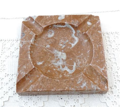 Vintage Square Polished Marble Stone Ashtray in Brown with White Veins ...