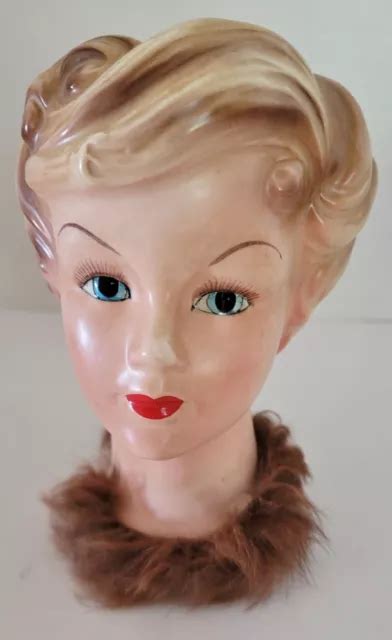 VINTAGE ENESCO LADY Head Vase ~Blond Hair with Fur Collar ~ 6" ~EUC $59 ...