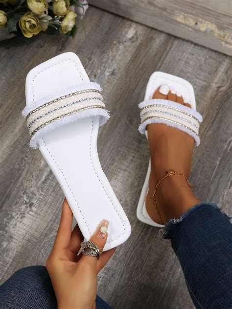 Rhinestone Decor Raw Trim Slide Sandals | Womens fashion shoes, Sandals ...