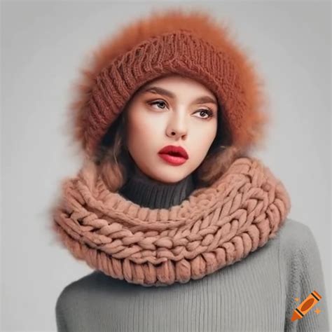 Woman wearing chunky knit turtleneck pullover and winter hat with fur pompom