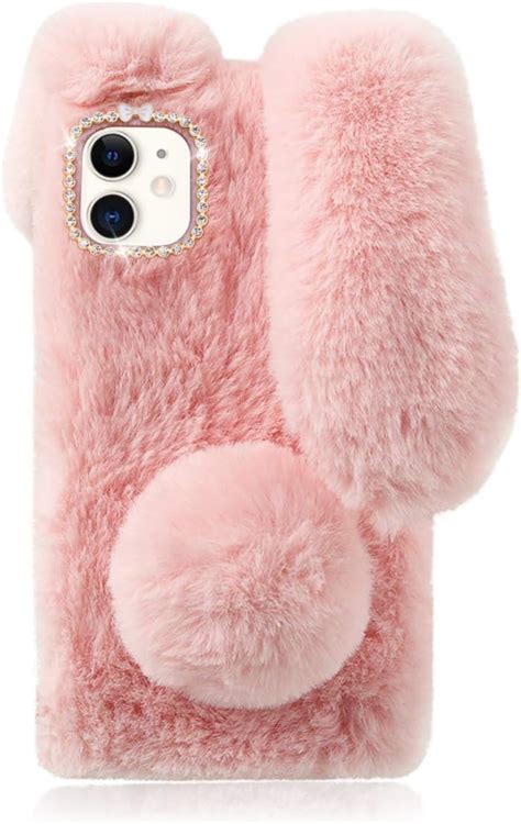 Mikikit Pink Fluffy bunny Phone Case for iPhone 12 mini, Plush Cover ...