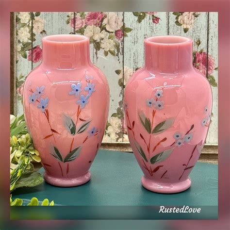 Continental Bristol Vases / Antique Bristol Pink Vases / Hand Painted ...