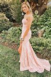 Pink Mermaid Prom Dress Strapless Slit Lace Long Evening Dress – Rjerdress
