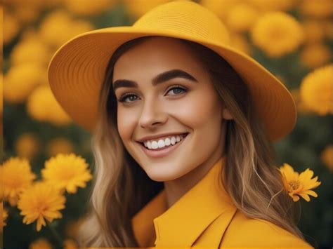Premium AI Image | A australian girl wearing trendy bright yellow color suit and round hat