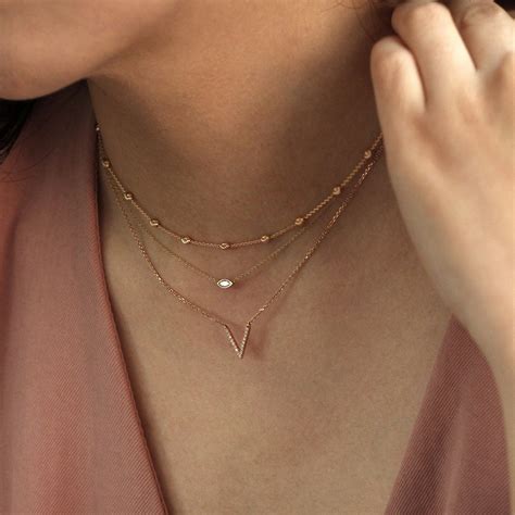 Diamond Necklace, Diamond V Pendant Necklace, Minimalist 14k Solid Gold Necklace, V Pendant ...