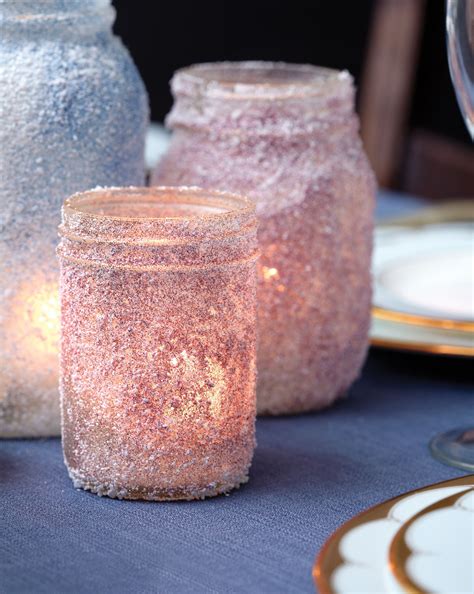 Spray Mason jars with adhesive, roll in glitter, spray again and roll ...