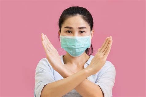 Young Asian Woman Worea Gray Tank Top, Blue Shirt and Protective Masks Against and Air Pollution ...
