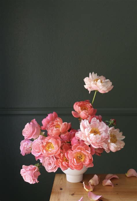 Minimalistic centerpiece with layers of Pink roses and coral peonies Peony Flower Arrangements ...