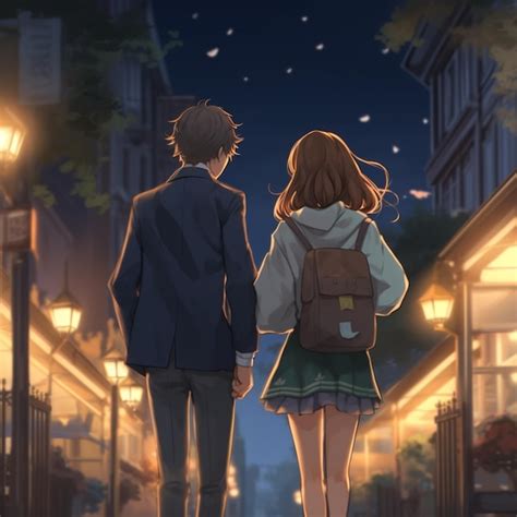 Premium AI Image | Anime couple walking down a street at night with a backpack generative ai