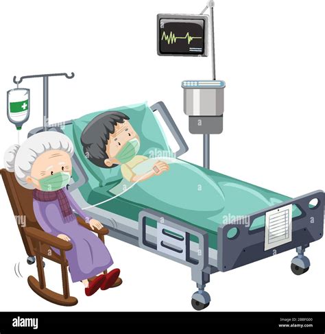 Hospital scene with sick patient in bed on white background ...