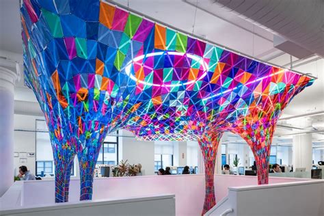 Stain glass art installation that hangs through two floors of Behance's new NYC offices ...