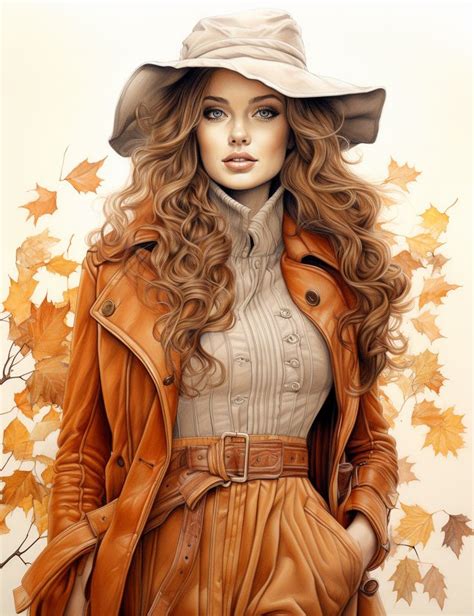 a painting of a woman wearing a brown coat and hat with autumn leaves around her
