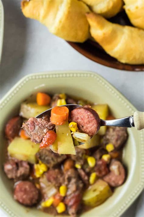 Sausage and Beef Stew in the Crockpot - Southern Plate