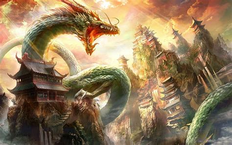 Fantasy art, Chinese architecture, chinese dragon, dragon, HD wallpaper ...