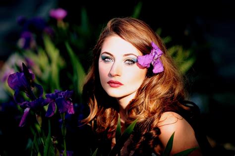 Redhead Beauty with Iris Flower - HD Wallpaper by AdinaVoicu