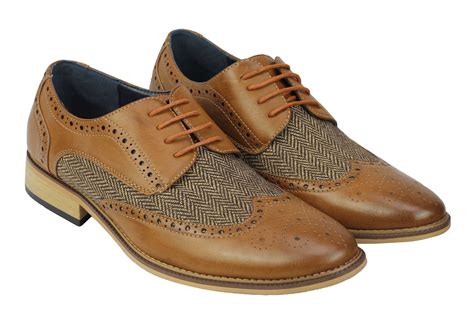 Mens Classic Gatsby Style Tweed Herringbone Formal Brogue Shoes Oxford ...