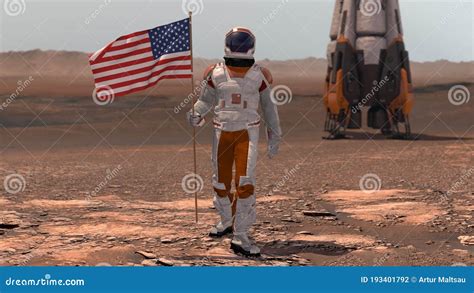 Astronaut Walking On Mars With American Flag. Exploring Mission To Mars ...