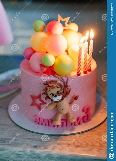 Pink Cake with Lion Cub, Balls and Candles. Editorial Stock Image - Image of birthday, pink ...