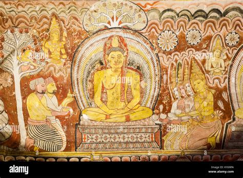 DAMBULLA, SRI LANKA - FEBRUARY 17, 2017: Mural paintings frescoes inside Dambulla Cave Temple ...