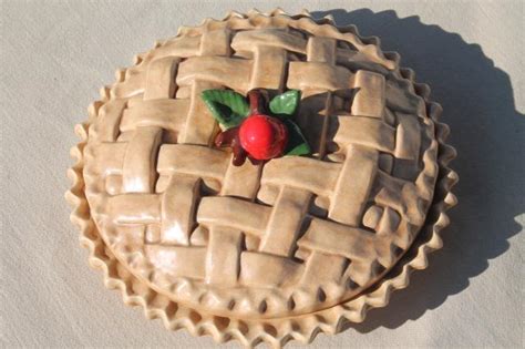 handmade ceramic cherry pie dish, pan w/ lattice crust cover & cherries