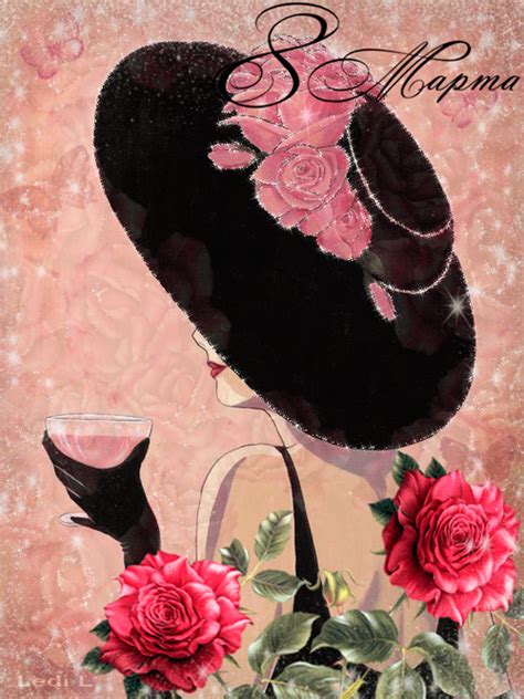 a painting of a woman wearing a hat and holding a wine glass with roses on it