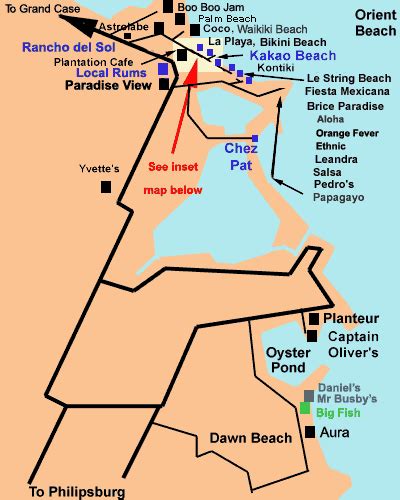 Orient Beach, Oyster Pond, and Dawn Beach (St Maarten) Restaurant Info and Map