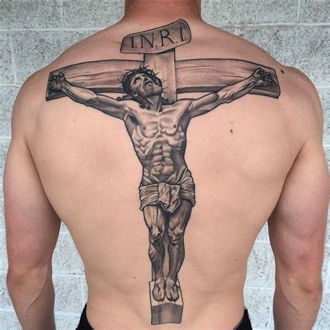 His first tattoo. Healed. #jesus #cross #crucifix #christian #backpiece ...