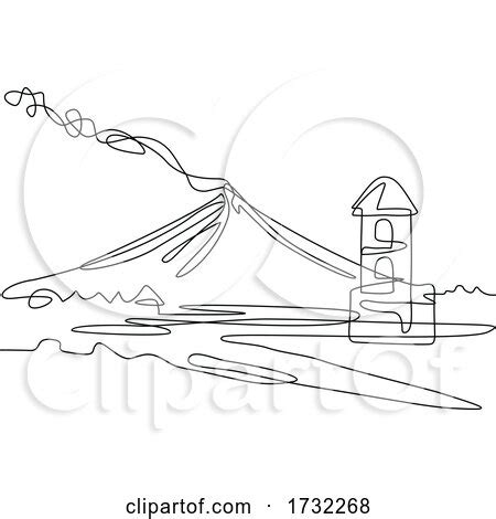 Mayon Volcano or Mount Mayon with Cagsawa Church Bell Tower Ruins Continuous Line Drawing ...