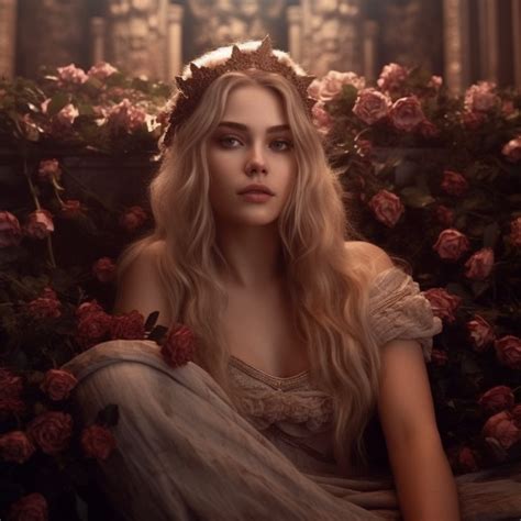 a woman with long blonde hair sitting in front of pink roses wearing a tiara