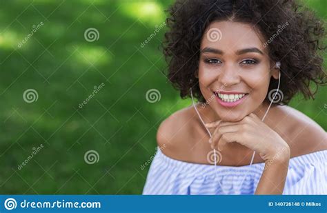 Excited Black Woman Listening To Music Outdoors Stock Photo - Image of happy, female: 140726148