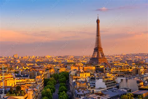 Skyline of Paris with Eiffel Tower in Paris, France. Panoramic sunset view of Paris Stock Photo ...