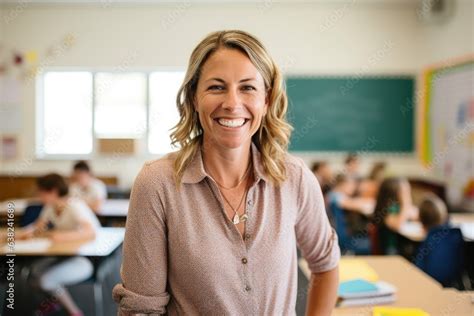 Portrait of a smiling caucasian middle school teacher teaching a classroom of students Stock ...