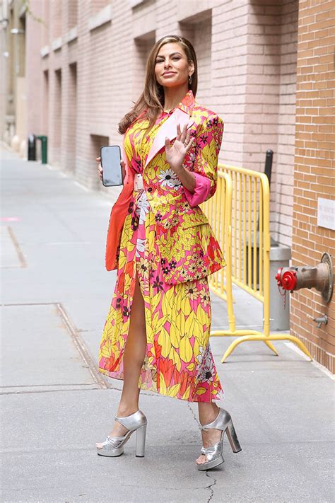 Eva Mendes Blooms in Colorful Floral Dress & 6-Inch Heels for The View – Footwear News