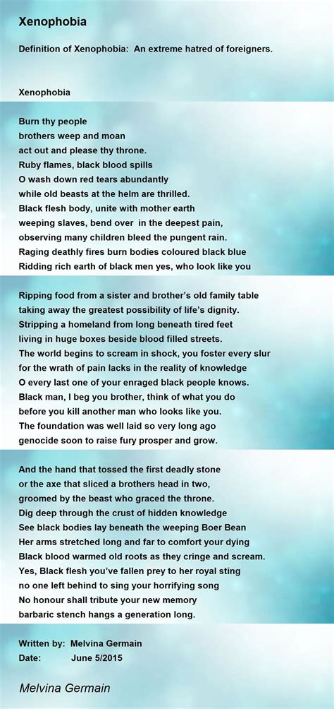 Xenophobia - Xenophobia Poem by Melvina Germain