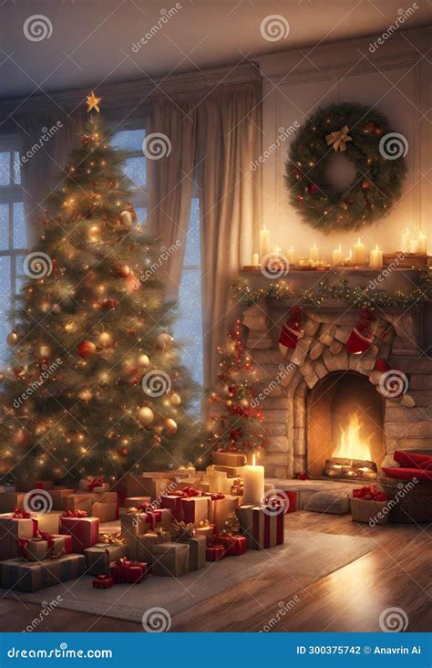 Indoor Christmas Scene. a Pine Tree beside a Fireplace Stock Photo ...