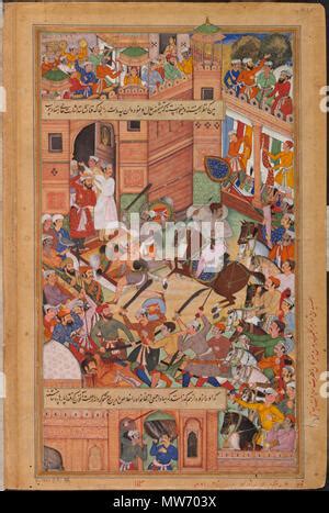 Mughal Emperor Akbar (r. 1556-1605) holds a religious assembly in the ...