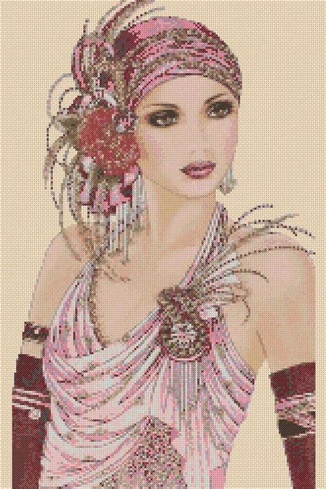 Cross Stitch Chart Art Deco Lady 173 Pink Lilac or Blue - Etsy UK | Art deco cards, Art deco ...
