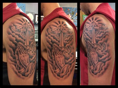 Cross With Praying Hands Tattoo With Clouds