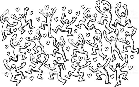 Hand-drawn vector drawing of many happy people jumping around and ...