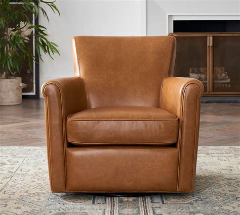 Irving Roll Arm Leather Swivel Armchair | Pottery Barn