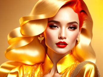 Shimmering Gold Background With Wavy Red-Haired Fashion Model Portrait For Festive Occasions ...