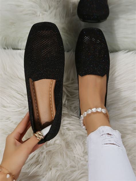 Black Elegant Collar Plain Loafers Embellished Women Shoes Flat Shoes ...